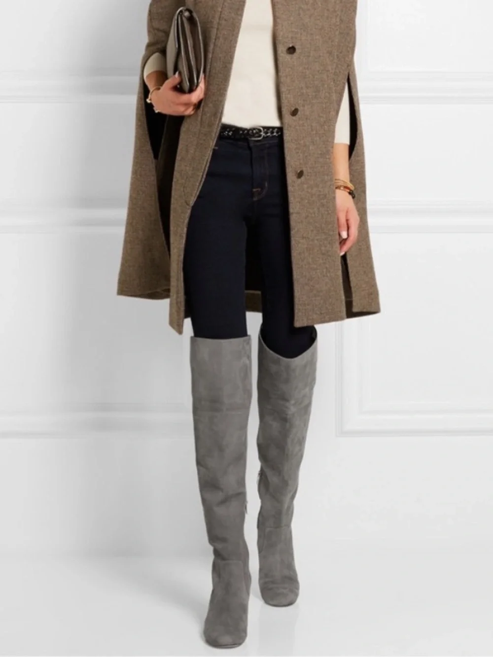 Sam Edelman Elina Gray Suede Leather Over The Knee Block Heel Boots - 7.5